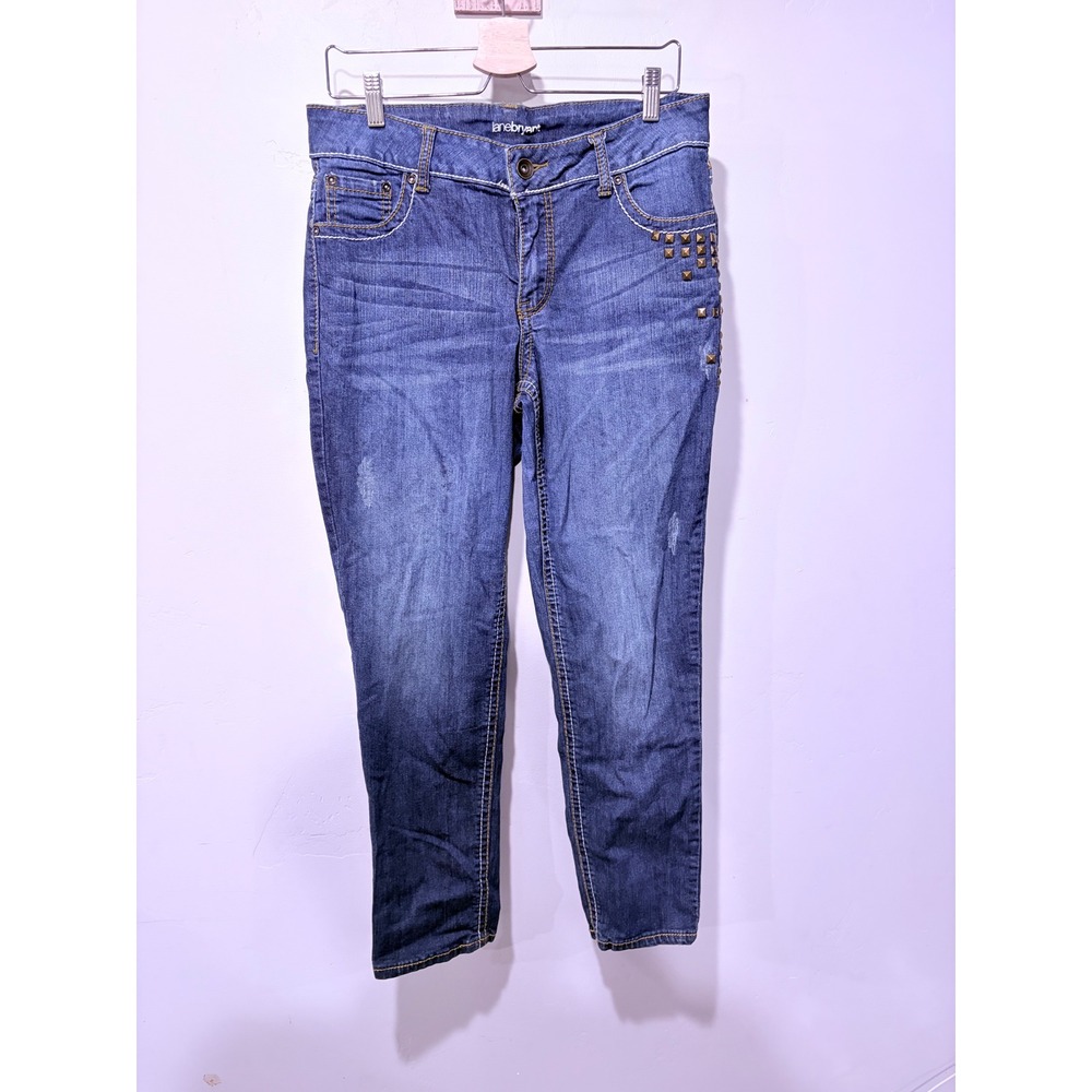 Lane Bryant Womens Studded Straight Leg Blue Jeans Size 14 Distressed Whiskered